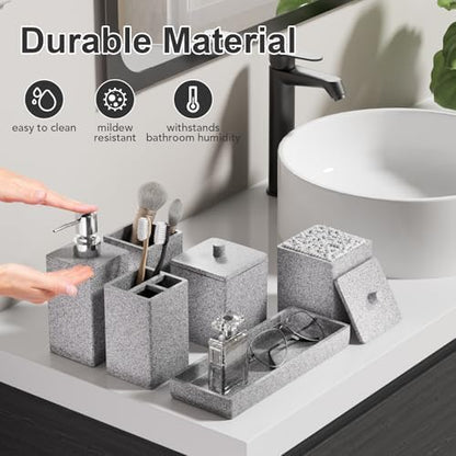 Gray Bathroom Accessories Set Resin 6PCS, Square Toothbrush Holders Set Complete with Soap Dispenser, Vanity Tray, Tumbler, Cups and Cotton Swab Jars for Counter, Sink or Small Spaces