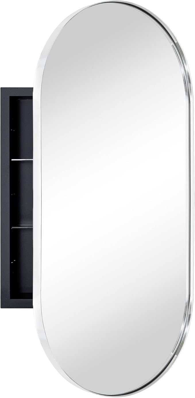 Chrome Oval Recessed Bathroom Medicine Cabinet with Mirror Stainless Steel Metal Framed Oblong Pill Shaped Bathroom Cabinet with Mirror 16x33''
