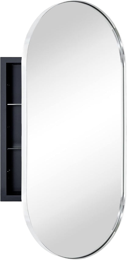Chrome Oval Recessed Bathroom Medicine Cabinet with Mirror Stainless Steel Metal Framed Oblong Pill Shaped Bathroom Cabinet with Mirror 16x33''
