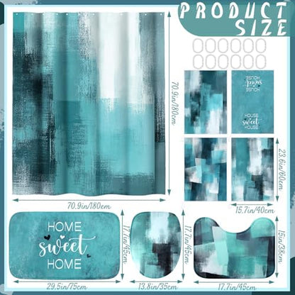 Honoson 8 Pcs Teal Bathroom Shower Curtain Set with Non-Slip Rugs, Towels and Bath Mat, Modern Abstract Turquoise Bathroom Decor Set for Farmhouse Country Summer Housewarming Gifts Decor