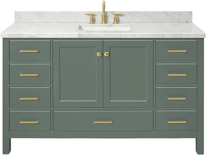 ARIEL Cambridge 60-inch Bathroom Vanity with Sink,Solid Wood, 1.5-inch Italian Carrara Marble Countertop, Single Rectangular Porcelain Sink, 2 Soft Closing Doors, 9 Dovetail Drawers, Vintage Green