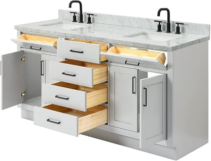 ARIEL Hepburn 72-inch Bathroom Vanity with Sink,Solid Wood, 1.5-inch Italian Carrara Marble Countertop, Double Rectangular Porcelain Sink, 4 Soft Closing Doors, 6 Dovetail Drawers, Grey