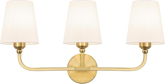 Bathroom Vanity Light, Brushed Gold Bathroom Lighting Fixtures Over Mirror | 3-Light Bathroom Light Fixtures with Flared White Fabric Shade, E26 Socket (ETL Listed)