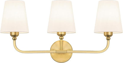 Bathroom Vanity Light, Brushed Gold Bathroom Lighting Fixtures Over Mirror | 3-Light Bathroom Light Fixtures with Flared White Fabric Shade, E26 Socket (ETL Listed)