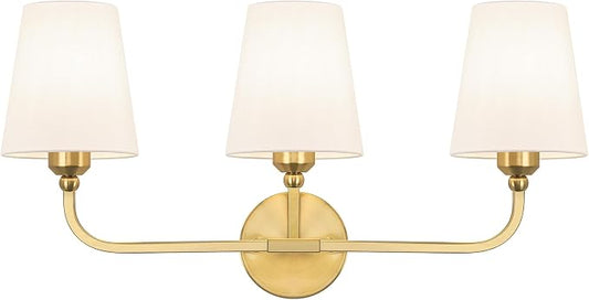 Bathroom Vanity Light, Brushed Gold Bathroom Lighting Fixtures Over Mirror | 3-Light Bathroom Light Fixtures with Flared White Fabric Shade, E26 Socket (ETL Listed)