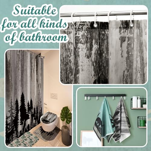 Honoson 8 Pcs Wildlife Animal Shower Curtain Set with Rugs and Kitchen Towels Cabin Deer Bear Forest Decor Shower Curtain Bathroom Set for Farmhouse Country Halloween Housewarming Gifts Decor
