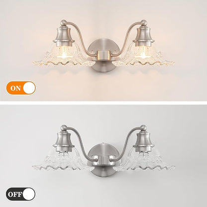 Brushed Nickel Bathroom Vanity Light Fixture Vintage, E26 Easy Mounted | Vanity Light with Flower Glass Shades, 18" Wide Bathroom Lighting Over Mirror, Easy Mounted for Bathroom, Bedroom, Hallway