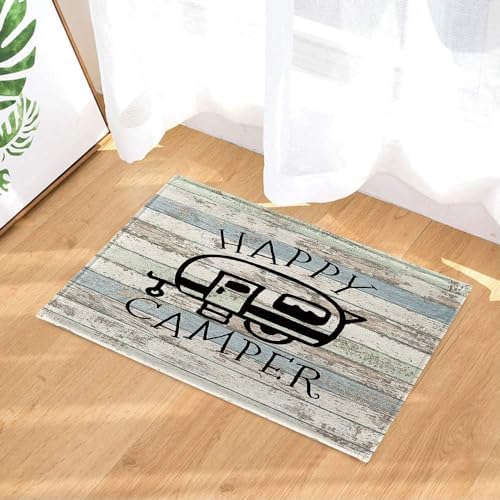 JAWO Happy Campers Shower Curtain Retro Rustic Wood Neutral Color for Travel Trailer Camping Theme Motor RV Bathroom Stall Shower Curtain Set, Waterproof Fabric Shower Cutain, Hooks Include 72X73