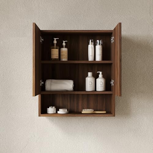 USHOWER Dark Walnut Bathroom Wall Cabinet with Fluted Doors & Open Shelf