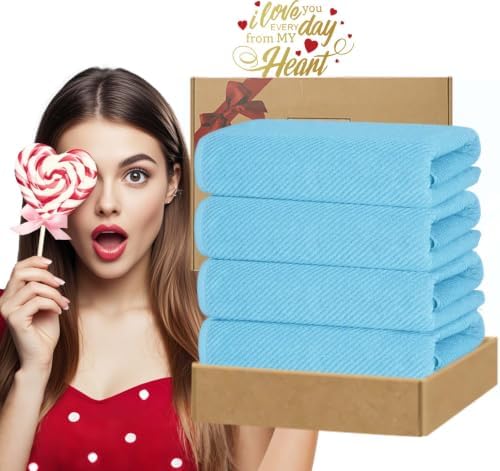VOOVA & MOVAS Bath Towels 4PC, 100% Cotton, 30x56 in, Ocean Blue