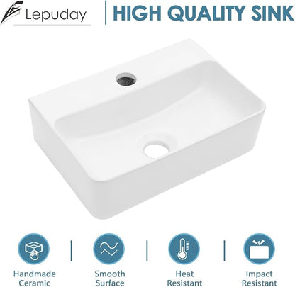 14 x 10 Inch Wall Mounted Bathroom Sink Rectangle Vessel Sink | White Ceramic Wall Mount Hang Small Vessel Sink Porcelain Mini Floating Bathroom Vanity Sink for Home,RV,Bathroom
