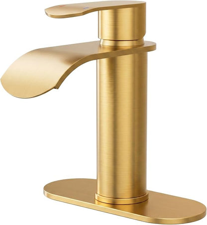 WOWOW Waterfall Bathroom Faucet, Gold Bathroom Sink Faucet for 1 Hole or 3 Holes, Single Handle Vanity with Metal Pop up Drain, Stainless Steel Basin Sink Faucet Tap for RV Lavatory