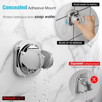 Handheld Shower Head Holder - 5 Positions Adjustable - Slide to Fit - Adhesive Mount with Screw Option, Bathroom Wall Mount Shower Hose Holder (Chrome)