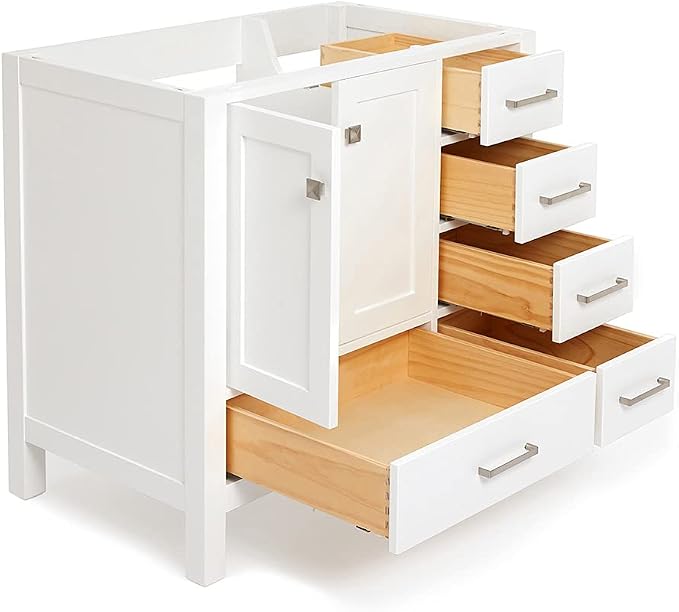 ARIEL Cambridge 36-inch Bathroom Vanity Base Cabinet,Solid Wood, 2 Soft Closing Doors, 5 Dovetail Drawers, White