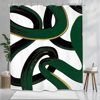 Abstract Emerald Green Black Green Shower Curtain 60Wx72L Inch Modern Minimalist Contemporary Geometric Line Neutral Simple Bathroom Set Accessories Decor with 12 Pack Hooks