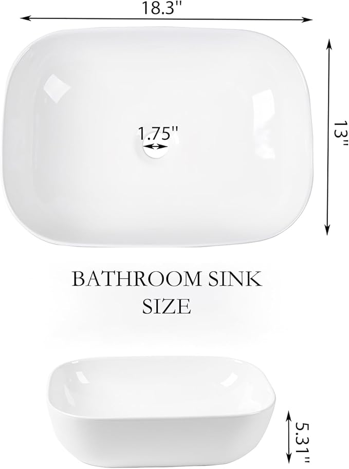 Vessel Sink Bowl Above Counter, QISHKA 18.3" x 13" Ceramic Oval Modern Bathroom Sink White Vanity Sink Lavatory Art Basin
