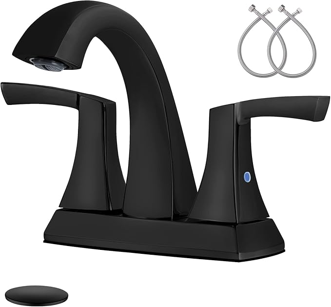 VXV Bathroom Faucet Matte Black, 2 Handles Low Arc Bathroom Sink Faucets, 4 Inch Centerset Bath Lavatory Faucets with Pop-up Drain & Faucet Supply Lines (MB)