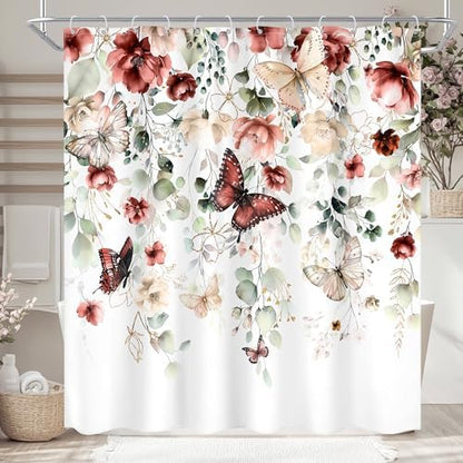 Red Floral Butterfly Summer Spring Plant Bathroom Shower Curtain Set