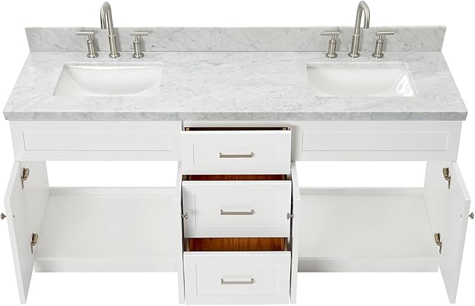 DKB Bradford 72 Inch Bathroom Vanity Double Sink — White Bathroom Vanity with Sink, 1.5" Edge Italian Carrara Marble Countertop & Backsplash, 4 Soft-Close Doors, and 3 Dovetail Drawers
