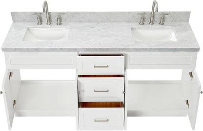 DKB Bradford 72 Inch Bathroom Vanity Double Sink — White Bathroom Vanity with Sink, 1.5" Edge Italian Carrara Marble Countertop & Backsplash, 4 Soft-Close Doors, and 3 Dovetail Drawers