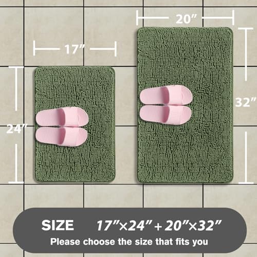 Loden Green Bathroom Rugs Sets 2 Piece – Absorbent and Washable Bath Mat, Non-Slip, Thick Soft Chenille Bath Rugs for Bathroom Floor, Shower, Sink - 17" x 24"+20" x 32"
