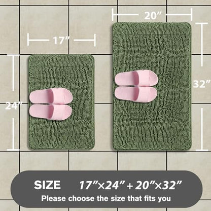Loden Green Bathroom Rugs Sets 2 Piece – Absorbent and Washable Bath Mat, Non-Slip, Thick Soft Chenille Bath Rugs for Bathroom Floor, Shower, Sink - 17" x 24"+20" x 32"
