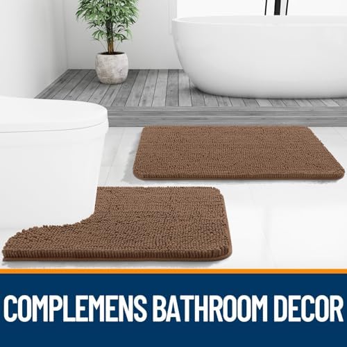 OLANLY Chenille Bathroom Rugs Mats Sets 2 Piece, 47"x20"+24"x20", Mocha
