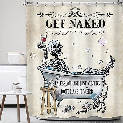 Halloween Funny Skull Skeleton Shower Curtain 60Wx72H Gothic Spooky Unique Cool Bone in Bathtub Bubbles Horror Cat Fish Retro Scary Bathroom Decor Bath Curtain Fabric Polyester 12 Pack Hooks