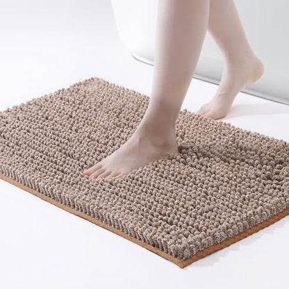 FRESHMINT Chenille Bath Rugs Extra Soft and Absorbent Microfiber Shag Rug, Non-Slip Runner Carpet for Tub Bathroom Shower Mat, Machine-Washable Durable Thick Area Rugs (Caramel Heather, 24" x 17")