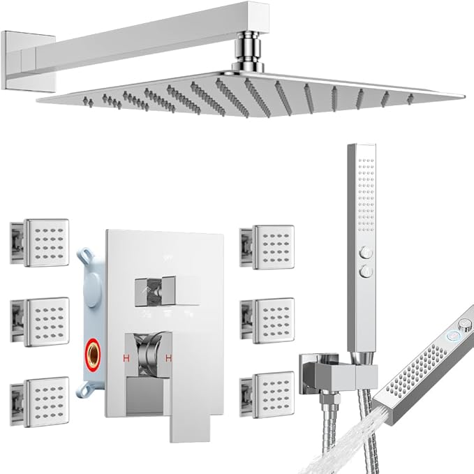Shower System with 6 Body Jets, STARBATH 12 Inch Rainfall Shower and Handheld Spray, Wall Mounted Full Body Shower System Rough-in Mixer Pressure Balance Valve Shower Faucet Set Complete, Chrome