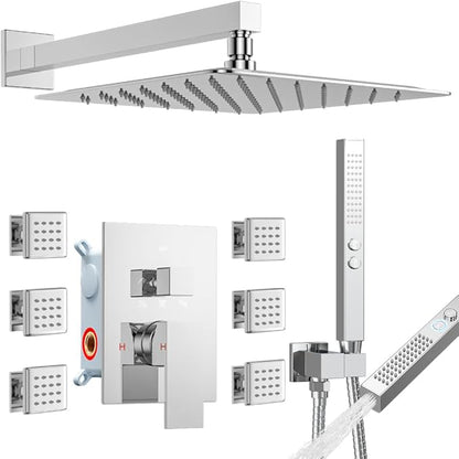 Shower System with 6 Body Jets, STARBATH 12 Inch Rainfall Shower and Handheld Spray, Wall Mounted Full Body Shower System Rough-in Mixer Pressure Balance Valve Shower Faucet Set Complete, Chrome