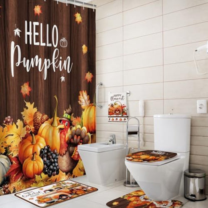 Honoson 8 Pcs Fall Shower Curtain Set Pumpkin Bathroom Decor
