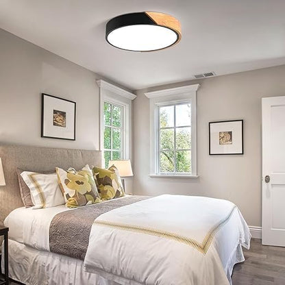 Vikaey Modern Dimmable Wood Ceiling Light, Minimalist LED 5CCT 2700K-6000K Flush Mount Ceiling Light Fixture, Round Lighting Lamp for Bedroom, Laundry Room, Hallway, Entryway, Black, 11.8"