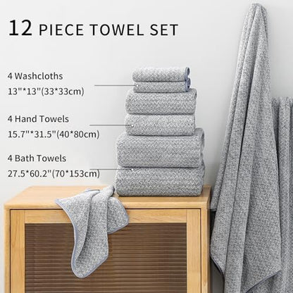 Ultra Soft Bath Towel Set,12 Piece (4 Bath Towels,4 Hand Towels,4 Washcloths) Family Bathroom Towels Set with Hanging Loop,Quick Dry Extra Absorbent Shower Towel for Bathroom,Hotel,Spa-Dark Gray