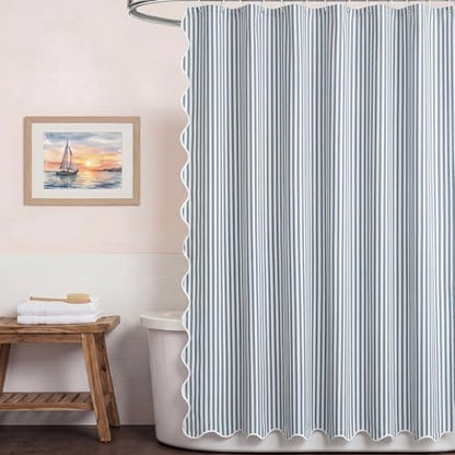 HunnmingRe Dust Blue Farmhouse Striped Shower Curtain Scalloped 72x72''