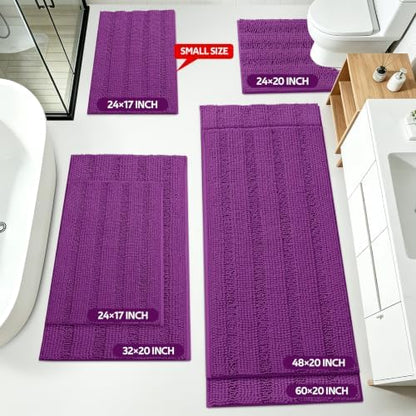 ACCUMTEK Striped Purple Bathroom Rug Set 3 Pieces Ultra Soft, Non Slip Chenille Toilet Mat, Absorbent Plush Shaggy Bath Mats for Bathroom, Bedroom, Kitchen