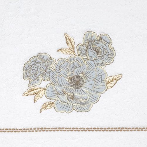 Nicole Miller – Bath Towels, Ringspun Cotton Terry with Embroidered Floral Design, Striped Trim and Brush Fringe Finish, Set of 2 (Camille)