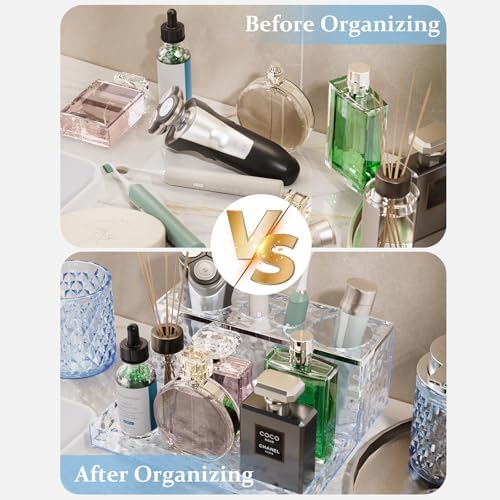 Glass Bathroom Accessories Set 5Pcs Crystal Blue - Foaming Soap Dispenser, Soap Dish, Cup, Acrylic Toothbrush Holder with Tray Organizer, Cotton Swab Jar, Bathroom Counter Set Sink Decor