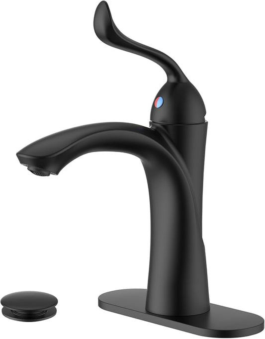 APPASO Bathroom Sink Faucet, Single Hole Sink Faucet Spot Resist with Optional Deck Plate for 1 to 3 Hole Installation, Single Handle Vintage Design with Pop Up Drain for Vanity,Matte Black