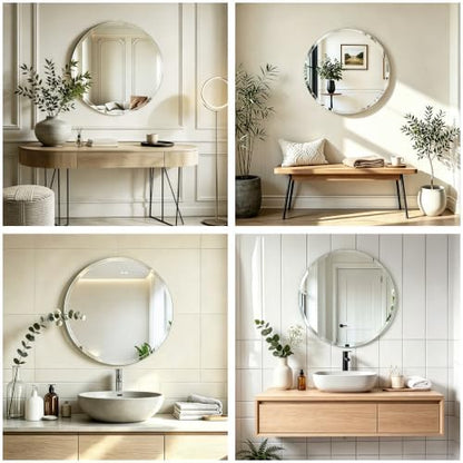 32 Inch Frameless Round Bathroom Mirror, Beveled Edge Wall Mirror, Modern Elegant Vanity Mirror for Bathroom Living Room Entryway