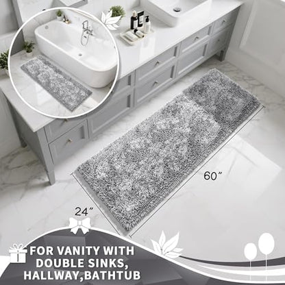 Yimobra Long Bathroom Rugs Runner 60x24 Inch, Extra Thick Soft Absorbent Chenille Bath Mat, Non Slip Machine Washable, Quick Dry Bath Rugs for Bathroom Floor, Tub and Shower, Light Grey
