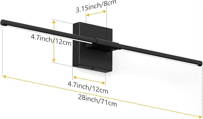 28In Hardwired Black Wall Sconce Modern Vantiy Light LED Bathroom Light Fixtures Over Mirror 3000K 360° Rotatable Bathroom Sconce