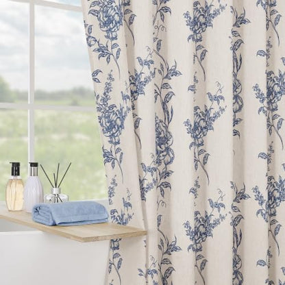 Blue Linen Farmhouse Shower Curtain, Boho Floral Bathroom 72x84