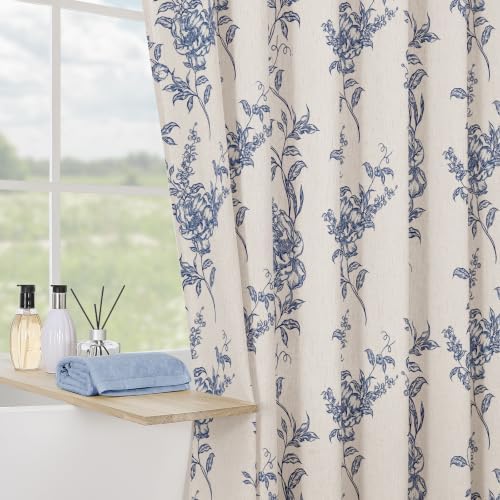 Blue Linen Farmhouse Shower Curtain, Boho Floral Bathroom 36x72
