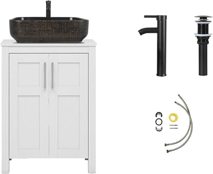 YOURLITE 24" Bathroom Vanity with Sink, White Bathroom Vanity and Sink Combo with Faucet & Pop Up Drain Set,Traditional Vanity with with Black & Gold Ceramic Sink
