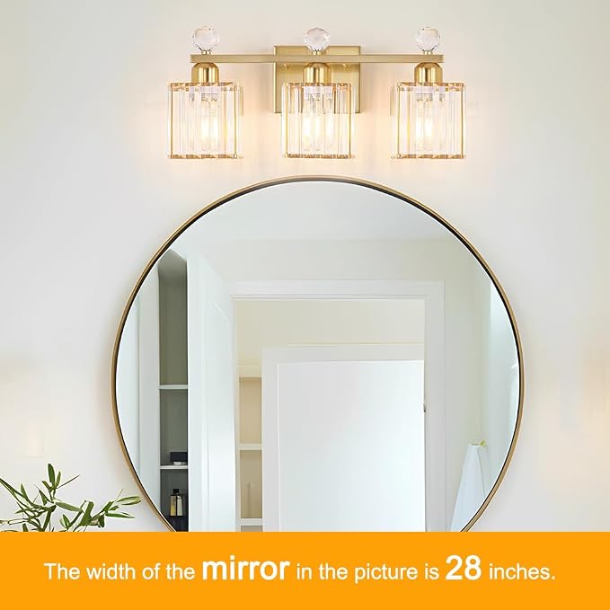Lxybcce Bathroom Vanity Light Fixture 3-Light - Vanity Lights for Bathroom with Crystal Shade Gold Metal, Easy Install No Drilling Needed, Shadow-Free Illumination for Modern Bathroom Mirror Decor