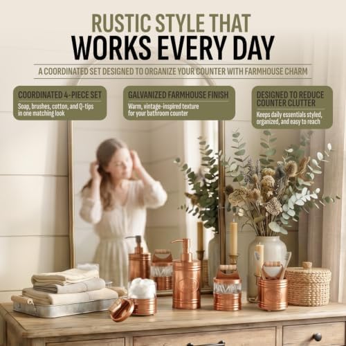 Autumn Alley Western Bathroom Accessories Set 4 - Copper Farmhouse Soap Dispenser, Toothbrush Holder, 2 Apothecary Jars Qtip Holder - Rustic Bathroom Decor – Rustic Bathroom Accessories