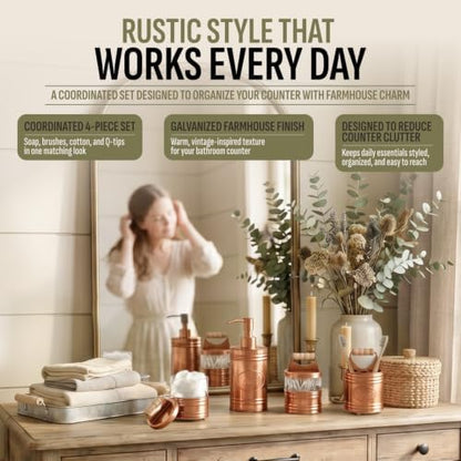 Autumn Alley Western Bathroom Accessories Set 4 - Copper Farmhouse Soap Dispenser, Toothbrush Holder, 2 Apothecary Jars Qtip Holder - Rustic Bathroom Decor – Rustic Bathroom Accessories