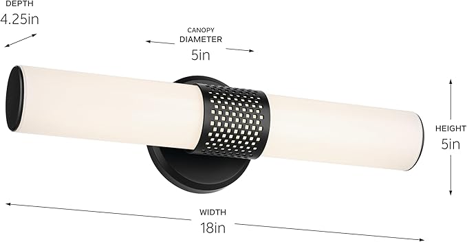 Kichler Sashi 18" LED Small Bath Bar with White Glass in Black, Modern, for Vanity, Fireplace, Buffet, Hallway, Vanity Mirror, (18" W x 5" H), 55191BKLED