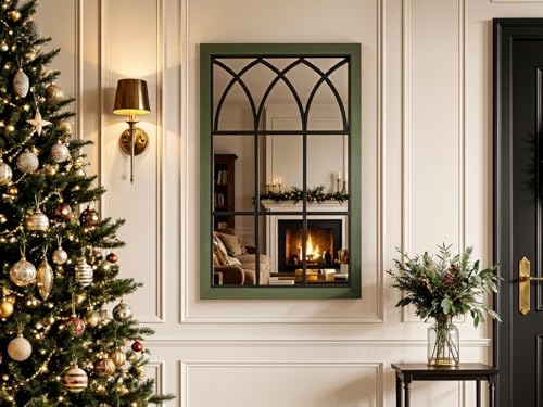 Retro Green Window Mirror for Wall Decor, Wood Frame Decorative Wall Mirror